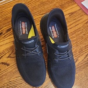 Skechers Men’s Black Knit Slip-On Casual Sneakers with Yellow Insole Accent